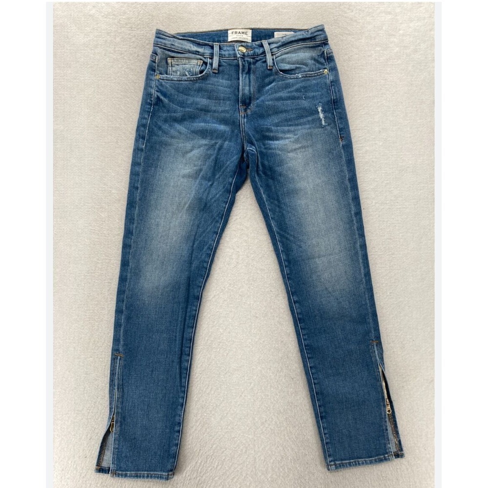 FRAME Le Skinny de Jeanne Jeans Zip Hem‎ Distressed Denim Blue Size 30